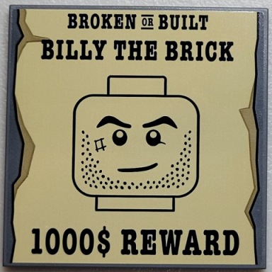 tile 6 x 6 with bottom tubes with broken or built billy the brick minifigure head and 1000$ reward on tan paper pattern sticker - set 910016
