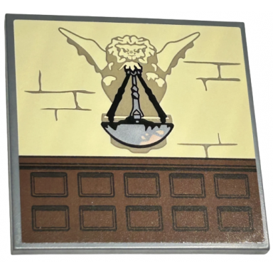 dark bluish gray tile 6 x 6 with bottom tubes with tan brick wall dark tan gargoyle with silver fire pit and reddish brown paneling pattern sticker - set 76415