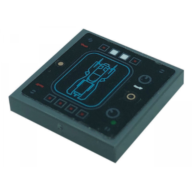 dark bluish gray tile modified 2 x 2 inverted with control panel with batmobile image buttons dials and curved arrows pattern sticker - set 76139