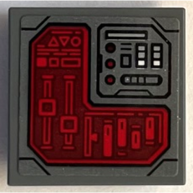 dark bluish gray tile modified 2 x 2 inverted with dark red control panel screen with lines triangles sliders buttons and black outline pattern sticker - set 76255