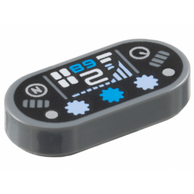 tile round 1 x 2 oval with dashboard with dark azure 89 68 white number 2 silver capital letter n in circle dots and gauge bright light blue bar graph and lights on black background pattern