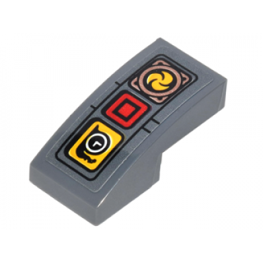 dark bluish gray slope curved 2 x 1 x 2 3 with panel with red box yellow box with clock and circle with propeller pattern sticker - set 70626