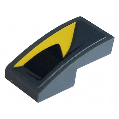 dark bluish gray slope curved 2 x 1 x 2 3 with black air vent and curved yellow stripe pattern model right side sticker - set 76903