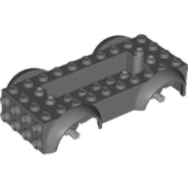 dark bluish gray vehicle base 5 x 10 x 2 1 2 with mudguards and 6 x 2 recessed center with 3 holes with light bluish gray wheels holders attached