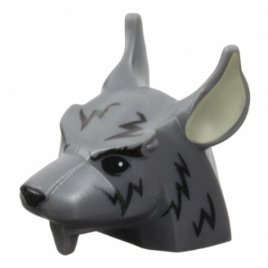 dark bluish gray minifigure head modified rat with black eyes eyebrows nose and fur lines tan ears pattern