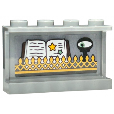 dark bluish gray panel 1 x 4 x 2 with side supports - hollow studs with gold ornate fence with spikes sand green eye in black stand open book with writing and stars pattern sticker - set 76411
