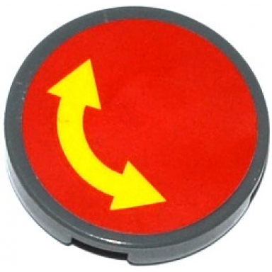dark bluish gray tile round 2 x 2 with bottom stud holder with yellow curved arrow double on red background pattern sticker - sets 60076 60166