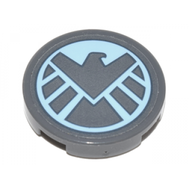 dark bluish gray tile round 2 x 2 with bottom stud holder with dark bluish gray shield eagle logo on bright light blue background pattern sticker - set 76042