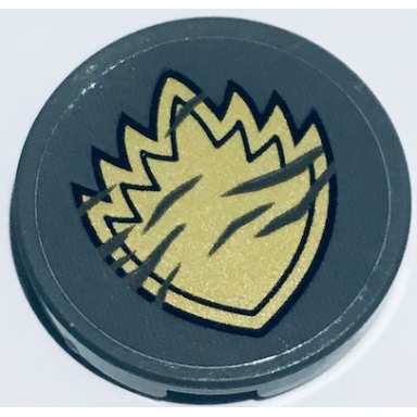 dark bluish gray tile round 2 x 2 with bottom stud holder with gold spiked badge pattern sticker - set 76079