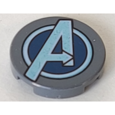 dark bluish gray tile round 2 x 2 with bottom stud holder with dark blue and metallic light blue avengers logo pattern