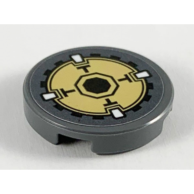 dark bluish gray tile round 2 x 2 with bottom stud holder with gold gear with black octagon pattern sticker - set 77102