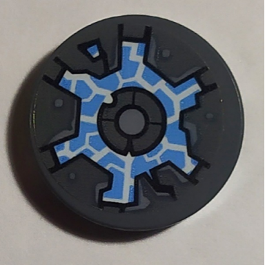 dark bluish gray tile round 2 x 2 with bottom stud holder with hatch and medium blue energy pattern sticker - set 70352