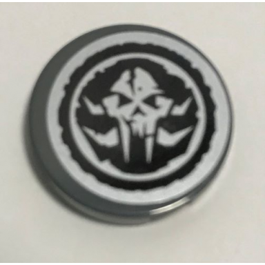 dark bluish gray tile round 2 x 2 with bottom stud holder with alien skull in black circle pattern sticker - set 70228