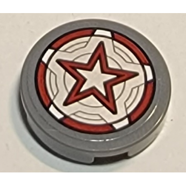 dark bluish gray tile round 2 x 2 with bottom stud holder with red guardian shield with star pattern sticker - set 77905