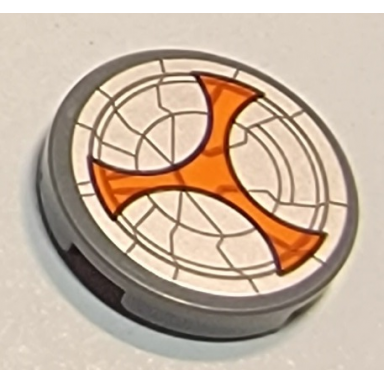 dark bluish gray tile round 2 x 2 with bottom stud holder with light bluish gray and orange taskmaster shield pattern sticker - set 77905