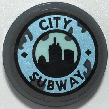 dark bluish gray tile round 2 x 2 with bottom stud holder with black city subway on metallic light blue skyline on light aqua circle pattern sticker - set 70427