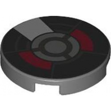 dark bluish gray tile round 2 x 2 with bottom stud holder with black dark red and silver armor plates and circles pattern