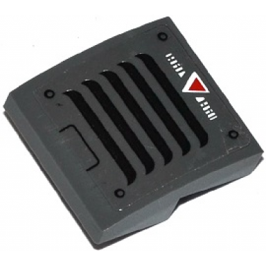 dark bluish gray slope curved 2 x 2 x 2 3 with vents white alien characters and red triangle pattern sticker - set 70142