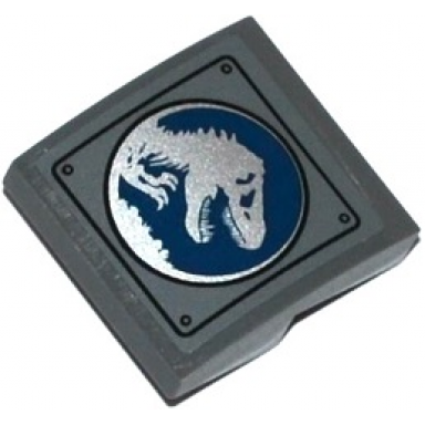 dark bluish gray slope curved 2 x 2 x 2 3 with dark blue and silver jurassic world logo on panel with rivets pattern sticker - set 75918