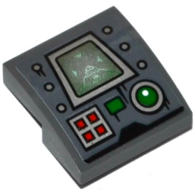 dark bluish gray slope curved 2 x 2 x 2 3 with silver screen 4 red buttons green button green light and 6 rivets pattern sticker - set 70601