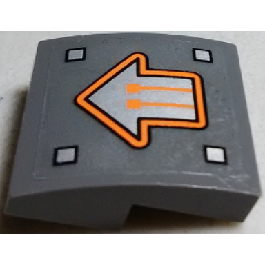 dark bluish gray slope curved 2 x 2 x 2 3 with orange circuitry in silver arrow pattern sticker - set 70317