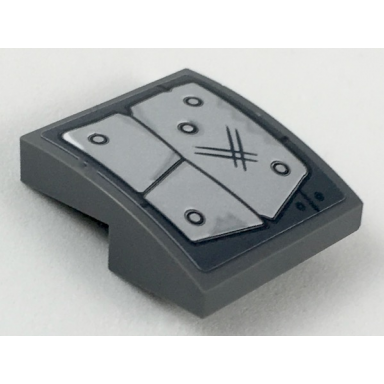 dark bluish gray slope curved 2 x 2 x 2 3 with silver riveted plates and black scratches pattern sticker - set 70827