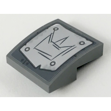 dark bluish gray slope curved 2 x 2 x 2 3 with silver riveted plates and black scratched unikitty head pattern sticker - set 70827