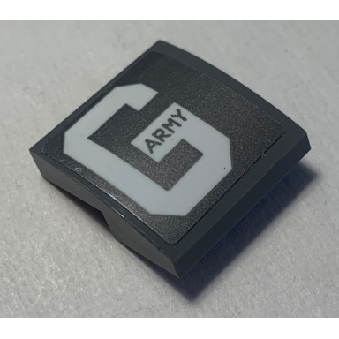 dark bluish gray slope curved 2 x 2 x 2 3 with army on white letter g pattern sticker - set 70613