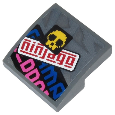 dark bluish gray slope curved 2 x 2 x 2 3 with red ninjago yellow skull and partial blue and dark pink text pattern sticker - set 71710