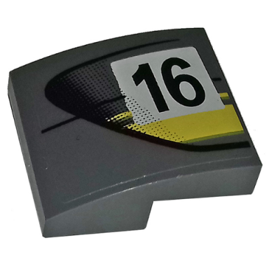 dark bluish gray slope curved 2 x 2 x 2 3 with black number 16â and double yellow stripes on dark bluish gray background pattern modelâ left side stickerâ - set 75877
