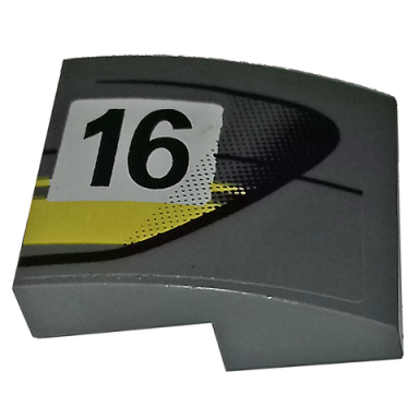 dark bluish gray slope curved 2 x 2 x 2 3 with black number 16â and double yellow stripes on dark bluish gray background pattern modelâ right side stickerâ - set 75877