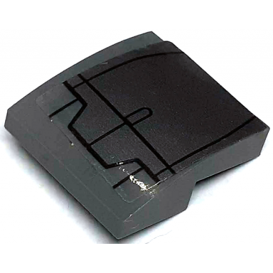 dark bluish gray slope curved 2 x 2 x 2 3 with dark silver armor plates with black outline pattern sticker - set 76190