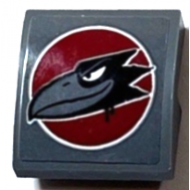 dark bluish gray slope curved 2 x 2 x 2 3 with black raven head on dark red circle background pattern sticker - set 60208