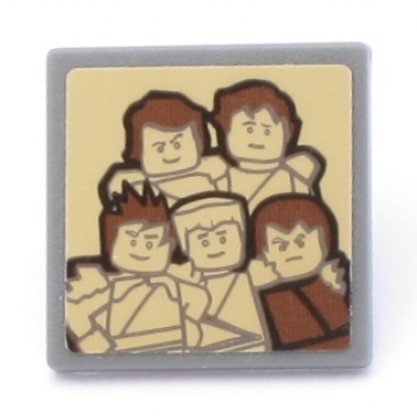 dark bluish gray road sign 2 x 2 square with open o clip with 5 ninjago minifigures on tan background pattern sticker - set 70618