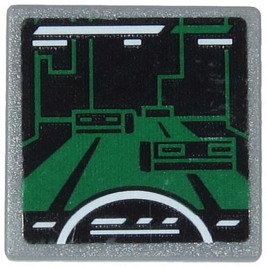 dark bluish gray road sign 2 x 2 square with open o clip with dark green video game display with white semicircle and stripes pattern sticker - set 71712