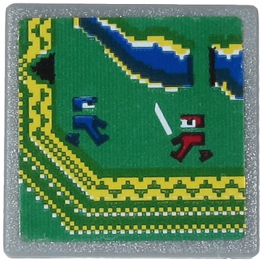 dark bluish gray road sign 2 x 2 square with open o clip with video game display with blue and dark red ninja on green background pattern sticker - set 71712