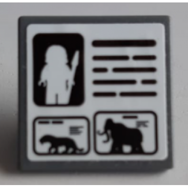 dark bluish gray road sign 2 x 2 square with open o clip with caveman minifigure black lines saber-toothed tiger and woolly mammoth pattern sticker - set 60200