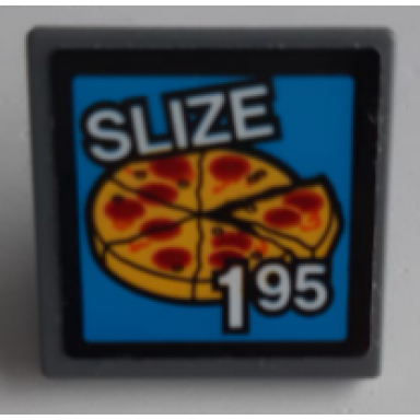dark bluish gray road sign 2 x 2 square with open o clip with pizza slize and 195 pattern sticker - set 60200