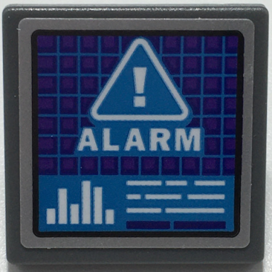 dark bluish gray road sign 2 x 2 square with open o clip with dark purple screen with dark azure grid white warning triangle alarm and bar graph pattern sticker - set 70424