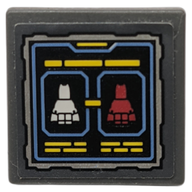 dark bluish gray road sign 2 x 2 square with open o clip with control panel display with 2 batman minifigure silhouettes pattern sticker - set 70923