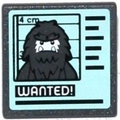 dark bluish gray road sign 2 x 2 square with open o clip with hairy minifigure mugshot and wanted! on computer screen pattern sticker - set 60069