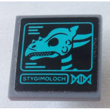 dark bluish gray road sign 2 x 2 square with open o clip with stygimoloch and dinosaur skull pattern sticker - set 75927