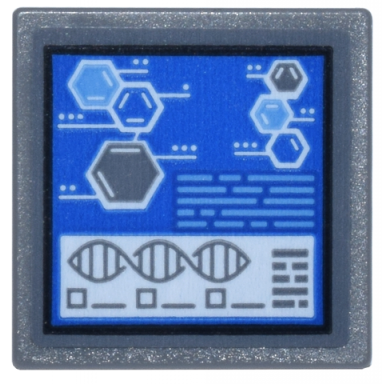 dark bluish gray road sign 2 x 2 square with open o clip with digital display chemical symbols on blue background and double helix pattern sticker - set 76269