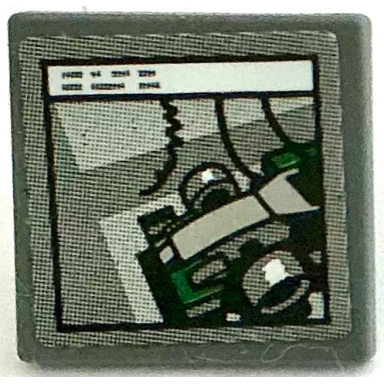 dark bluish gray road sign 2 x 2 square with open o clip with computer screen with formula 1 race car in window pattern sticker - set 75883