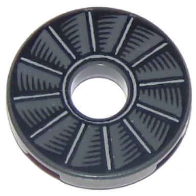 dark bluish gray tile round 2 x 2 with hole with rotor blade pattern