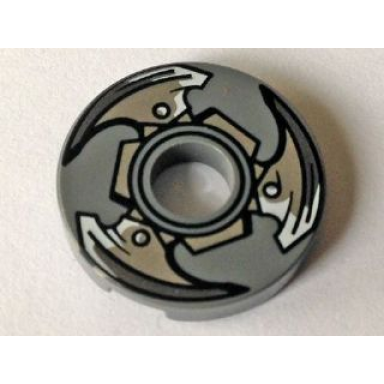 dark bluish gray tile round 2 x 2 with hole with propeller with 3 silver blades pattern