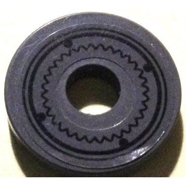 dark bluish gray tile round 2 x 2 with hole with black gear rivets and circles pattern sticker - set 70916