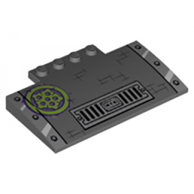 dark bluish gray slope curved 5 x 8 x 2 3 with 4 studs with sewer grate and rivets and lime and dark purple circle pattern