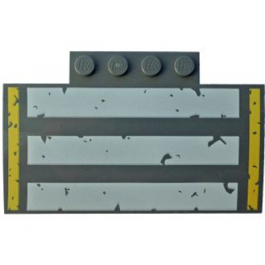 dark bluish gray slope curved 5 x 8 x 2 3 with 4 studs with white and yellow stripes pattern 10687
