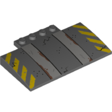 dark bluish gray slope curved 5 x 8 x 2 3 with 4 studs with ramp and yellow danger stripes pattern